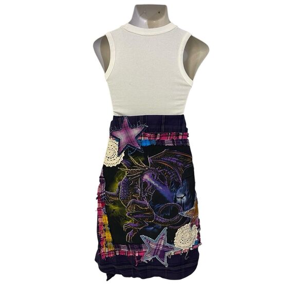 Upcycled Flannel Shirt Shacket Womens XL Dragon Grunge Purple Patchwork Folk Art - Picture 11 of 14